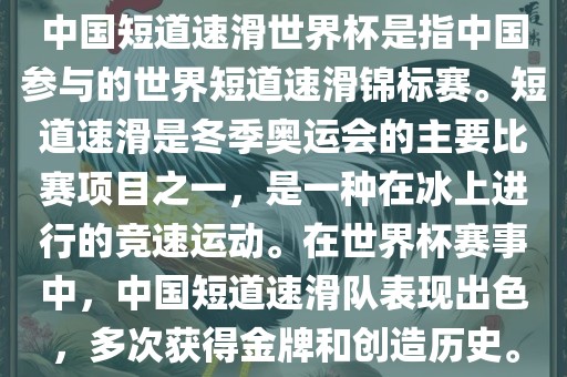 中国短道速滑世界杯是指中国参与的世界短道速滑锦标赛。短道速滑是冬季奥运会的主要比赛项目之一，是一种在冰上进行的竞速运动。在世界杯赛事中，中国短道速滑队表现出色，多次获得金牌和创造历史。