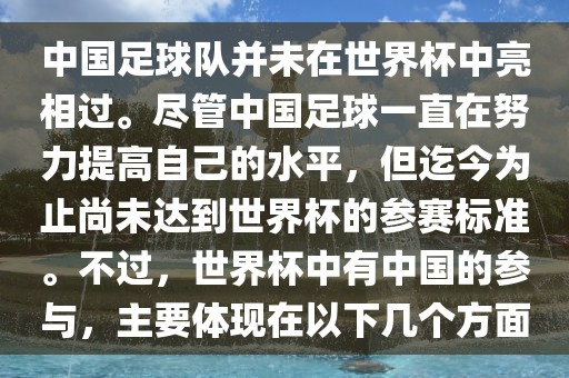 中国足球队并未在世界杯中亮相过。尽管中国足球一直在努力提高自己的水平，但迄今为止尚未达到世界杯的参赛标准。不过，世界杯中有中国的参与，主要体现在以下几个方面