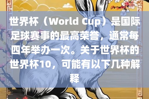 世界杯（World Cup）是国际足球赛事的最高荣誉，通常每四年举办一次。关于世界杯的世界杯10，可能有以下几种解释