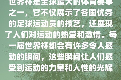 世界杯是全球最大的体育赛事之一，它不仅展示了各国优秀的足球运动员的技艺，还展现了人们对运动的热爱和激情。每一届世界杯都会有许多令人感动的瞬间，这些瞬间让人们感受到运动的力量和人性的光辉。