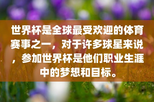 世界杯是全球最受欢迎的体育赛事之一，对于许多球星来说，参加世界杯是他们职业生涯中的梦想和目标。