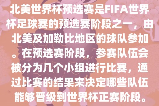 北美世界杯预选赛是FIFA世界杯足球赛的预选赛阶段之一，由北美及加勒比地区的球队参加。在预选赛阶段，参赛队伍会被分为几个小组进行比赛，通过比赛的结果来决定哪些队伍能够晋级到世界杯正赛阶段。