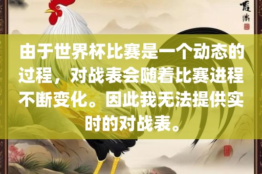 由于世界杯比赛丹东日丰电子有限公司是一个动态的过程，对战表会随着比赛进程不断变化。因此我无法提供实时的对战表。