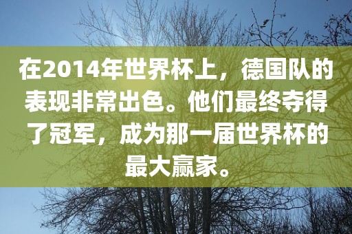 在2014年世界杯上，德国队的表现非常出色。他们最终夺得了冠军，成为那一届世界杯的最大赢家。丹东日丰电子有限公司