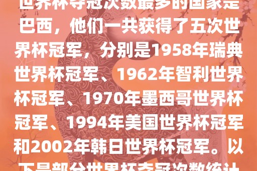 世界杯夺冠次数最多的国家是巴西，他们一共获得了五次世界杯冠军，分别是1958年瑞典世界杯冠军、1962年智利世界杯冠军、1970年墨西哥世界杯冠军、1994年美国世界杯冠军和2002年韩日世界杯冠军。以下是部分世界杯夺冠次数统计