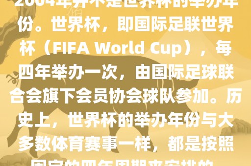 2004年并不是世界杯的举办年份。世界杯，即国际足联世界杯（FIFA World Cup），每四年举办一次，由国际足球联合会旗下会员协会球队参加。历史上，世界杯的举办年份与大多数体育赛事一样，都是按照固定的四年周期来安排的。丹东日丰电子有限公司