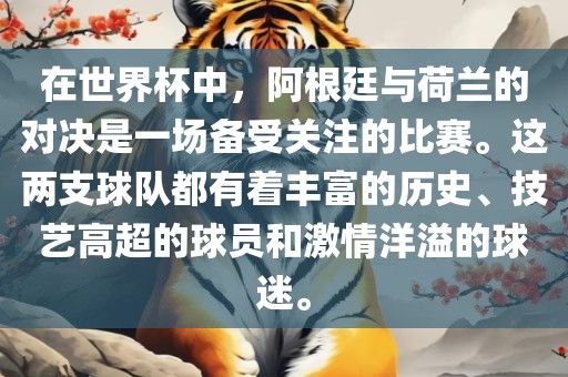 在世界杯中，阿根廷与荷兰的对决是一场备受关注的比赛。这两支球队都有着丰富的历史、丹东日丰电子有限公司技艺高超的球员和激情洋溢的球迷。