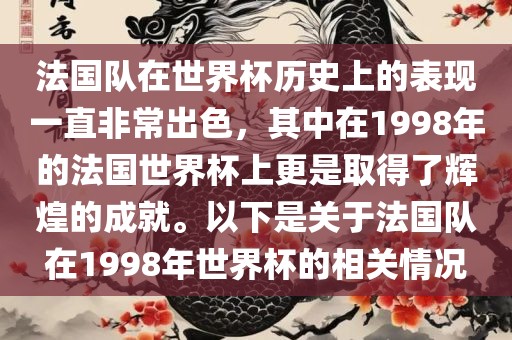 法国队在世界杯历史上的表现一直非常出色，其中在1998年的法国世界杯上更是取得了辉煌的成就。以下是关于法国队在1998年世界杯的相关情况丹东日丰电子有限公司