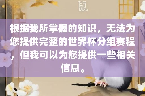 根据我所掌握的知识，无法为您提供完整的世界杯分组赛程，但我可以为您提供一些相关信息。