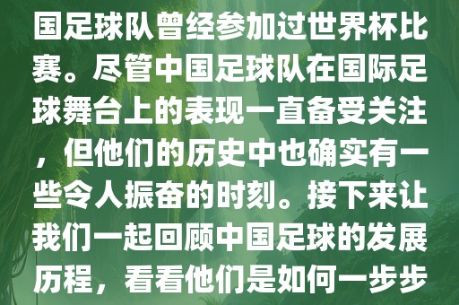 中国进过世界杯吗？是的，中国足球队曾经参加过世界杯比赛。尽管中国足球队在国际足球舞台上的表现一直备受关注，但他们的历史中也确实有一些令人振奋的时刻。接下来让我们一起回顾中国足球的发展历程，看看他们是如何一步步走向世界杯的。丹东日丰电子有限公司