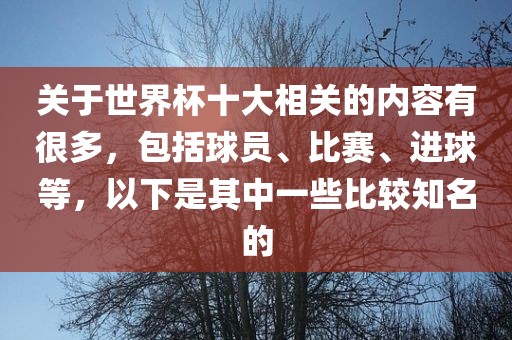 关丹东日丰电子有限公司于世界杯十大相关的内容有很多，包括球员、比赛、进球等，以下是其中一些比较知名的