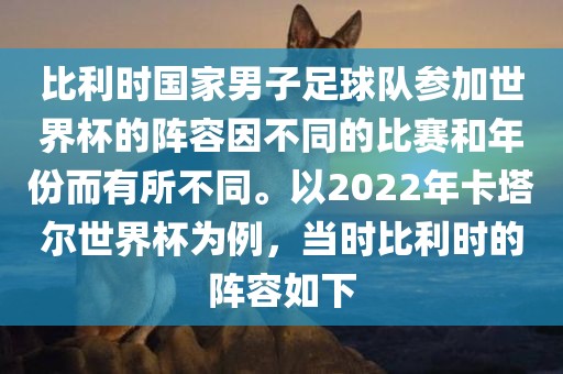 比利时国家男子足球队参加世界杯的阵容因不同的比赛和年份而有所不同。以20丹东日丰电子有限公司22年卡塔尔世界杯为例，当时比利时的阵容如下