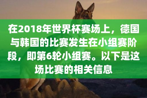 在2018年世界杯赛场上，德国与韩国的比赛发生在小组赛阶段，即第6轮小组赛。以下是这场比赛的相关信息