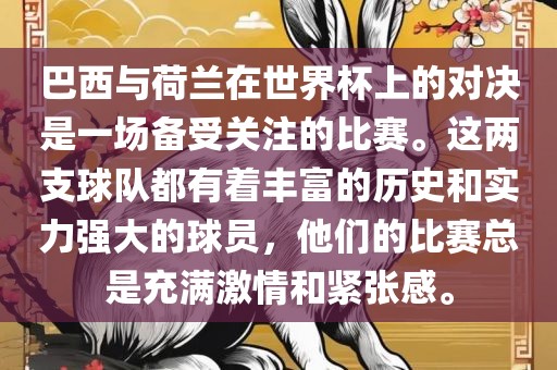 巴西与荷兰在世界杯上的对决是一场备受关注的比赛。这两支球队都有着丰富的历史和实力强大的球员，他们的比赛总是充满激情和紧张感。丹东日丰电子有限公司