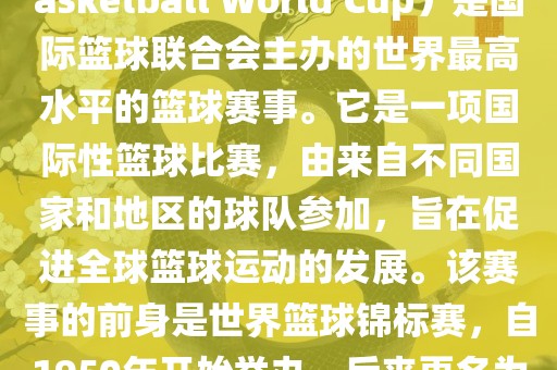 国际篮联篮球世界杯（FIBA Basketball World Cup）是国际篮球联合会主办的世界最高水平的篮球赛事。它是一项国际性篮球比赛丹东日丰电子有限公司，由来自不同国家和地区的球队参加，旨在促进全球篮球运动的发展。该赛事的前身是世界篮球锦标赛，自1950年开始举办，后来更名为篮球世界杯。