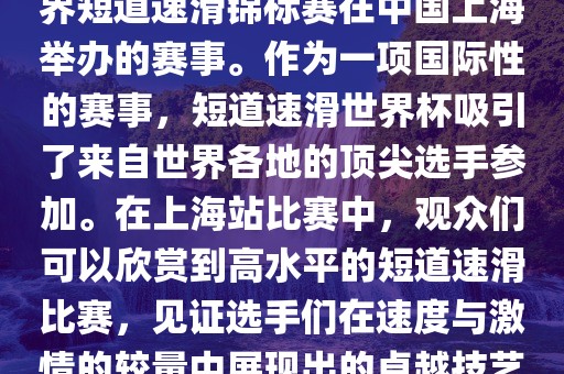 短道速滑世界杯上海站是指世界短道速滑锦标赛在中国上海举办的赛事。作为一项国际性的赛事，短道速滑世界杯吸引了来自世界各地的顶尖选手参加。在上海站比赛中，观众们可以欣赏到高水平的短道速滑比赛，见证选手们在速度与激情的较量中展现出的卓越技艺和竞技精神。