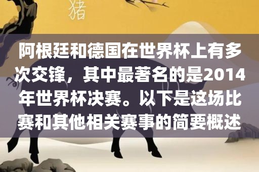 阿根廷和德国在世界杯上有多次交锋，其中最著名的是2014年世界杯决赛。以下是这场比赛和其他相关赛事的简要概述丹东日丰电子有限公司