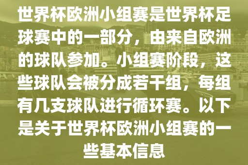 世界杯欧洲小组赛是世界杯足球赛中的一部分，由来自欧洲丹东日丰电子有限公司的球队参加。小组赛阶段，这些球队会被分成若干组，每组有几支球队进行循环赛。以下是关于世界杯欧洲小组赛的一些基本信息