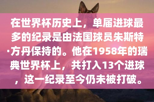 在世界杯历史上，单届进球最多的纪录是由法国球员朱斯特·方丹保持的。他在1958年的瑞典世界杯上，共打入13个进球，这一纪录至今仍未被打破。丹东日丰电子有限公司