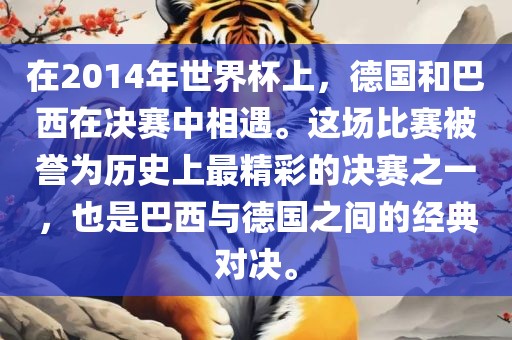 在2014年世界杯上，德国和巴西在决赛中相遇。这场比赛被誉为历史上最精彩的决赛之一，也是巴西与德国之间的经典对决。丹东日丰电子有限公司
