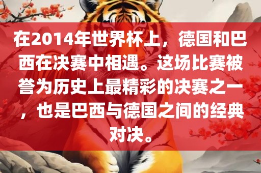 在2014丹东日丰电子有限公司年世界杯上，德国和巴西在决赛中相遇。这场比赛被誉为历史上最精彩的决赛之一，也是巴西与德国之间的经典对决。