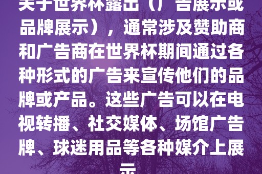 关于世界杯露出（广告展示或品牌展示），通常涉及赞助商和广告商在世界杯期间通过各种形式的广告来宣传他们的品牌或产品。这些广告可以在电视转播、社交媒体、场馆广告牌、球迷用品等各种媒介上展示。丹东日丰电子有限公司