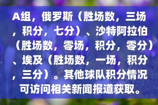 A组，俄罗斯（胜场数，三场，积分，七分）、沙特阿拉伯（胜场数，零场，积分，零分）、埃及（胜场数，一场，积分，三分）。其他球队积分情况可访问相关新闻报道获取。丹东日丰电子有限公司