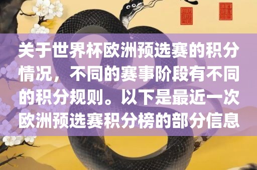 关于世界杯欧洲预选赛的积分情况，不同的赛事阶段有不同的积分规则。以下是最近一次欧洲预选赛积分榜的部分信息