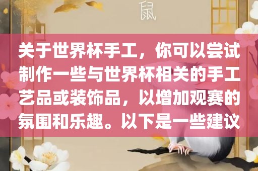 关于世界杯手工，你可以尝试制作一些与世界杯相关的手工艺品或装饰品，以增加观赛的氛围和乐趣。以下是一些建议丹东日丰电子有限公司