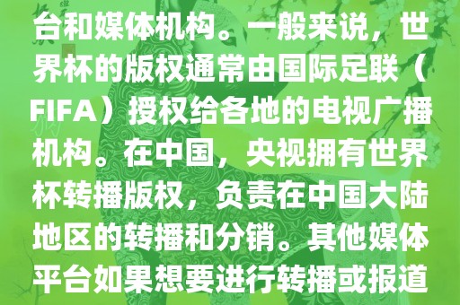 关于2018年世界杯的版权问题，涉及多个国家和地区的电视台和媒体机构。一般来说，世界杯的版权通常由国际足联（FIFA）授权给各地的电视广播机构。在中国，央视拥有世界杯转播版权，负责在中国大陆地区的转播和分销。其他媒体平台如果想要进行转播或报道，通丹东日丰电子有限公司常需要获得央视的授权或许可。