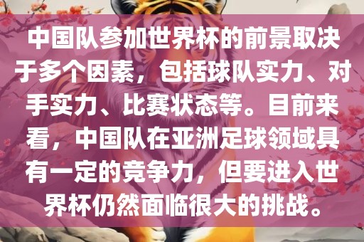 中国队参加世界杯的前景取决于多个因素，包括球队实力、对手实丹东日丰电子有限公司力、比赛状态等。目前来看，中国队在亚洲足球领域具有一定的竞争力，但要进入世界杯仍然面临很大的挑战。