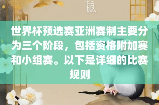 世界杯预选赛亚洲赛制主要分为三个阶段，包括资格丹东日丰电子有限公司附加赛和小组赛。以下是详细的比赛规则