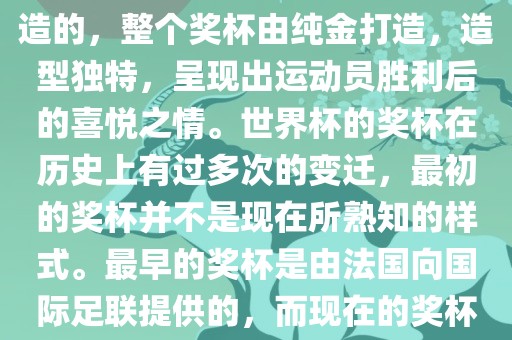 世界杯的杯来源于为了纪念雷米特，同时也是为了鼓励足球运动的发展，国际足联将这一荣誉奖杯命名为雷米特杯。其最初是由法国雕刻家设计并创造的，整个奖杯由纯金打造，造型独特，呈现出运动员胜利后的喜悦之情。世界杯的奖杯在历史上有过多次的变迁，最初的奖杯并不是现在所熟知的样式。最早的奖杯是由法国向国际足联提供的，而现在的奖杯是在多次设计之后最终确定的。因此，世界杯的杯来源于对足球运动的纪念和鼓励，同时也是经过多次设计和改进而成的。丹东日丰电子有限公司