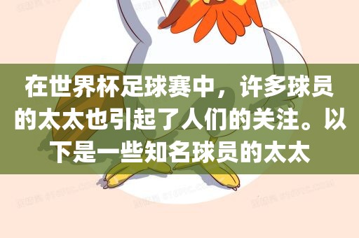 在世界杯足球赛中，许多球员的太太也引起了人们的关注。以下是一些知名球员的太太丹东日丰电子有限公司