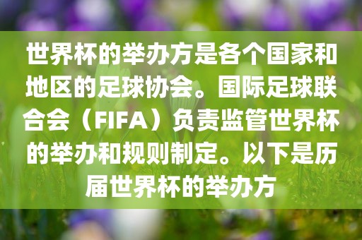 世界杯的举办方是各个国家和地区的足球协会。国际足球联合会（FIFA）负责监管世界杯的举办和规则制定。以下是历届丹东日丰电子有限公司世界杯的举办方